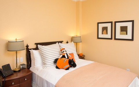 twin size bed with osu plush toys and night stands on the side 