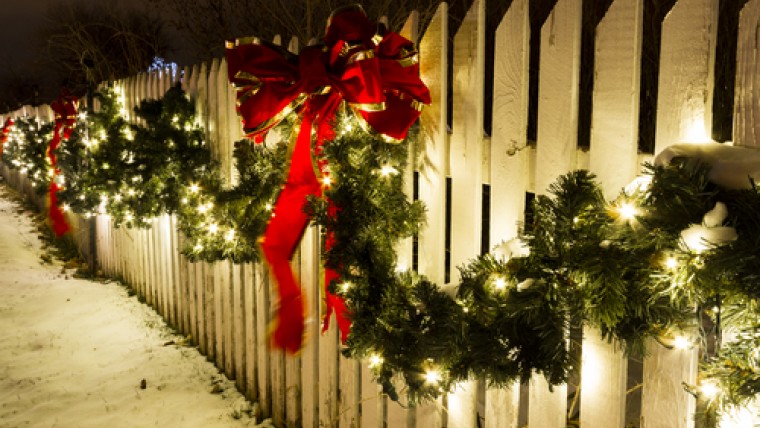 Christmas Lights and Holly on White Picket Fence
