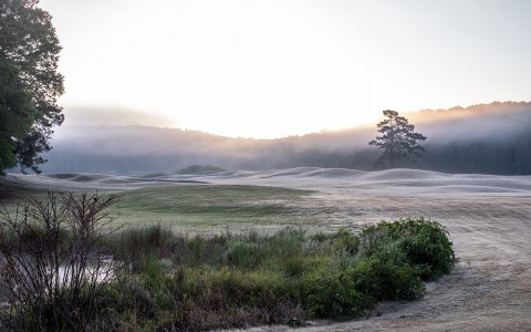 a large field and dirt road with fog 