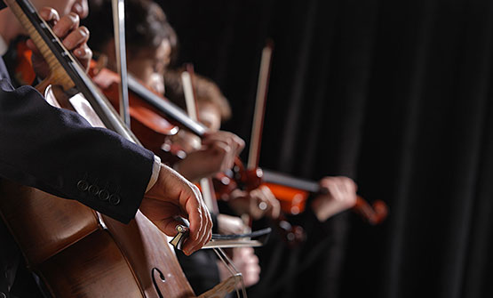 Close up of symphony playing cellos & violins