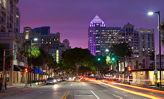 Las Olas buildings lit up at night