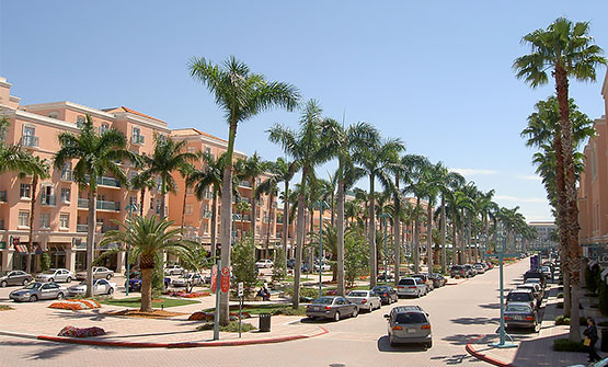 Mizner Park shopping plaza with palm trees
