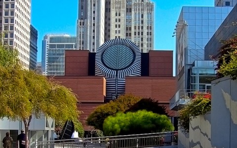 Outside of the Modern Art Museum with blue sky in the background
