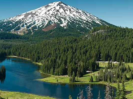 view of mount bachelor snowy capped peak in bend oregon