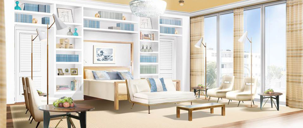 Room with bed, built in shelving on wall, seating area in front of bed and by window