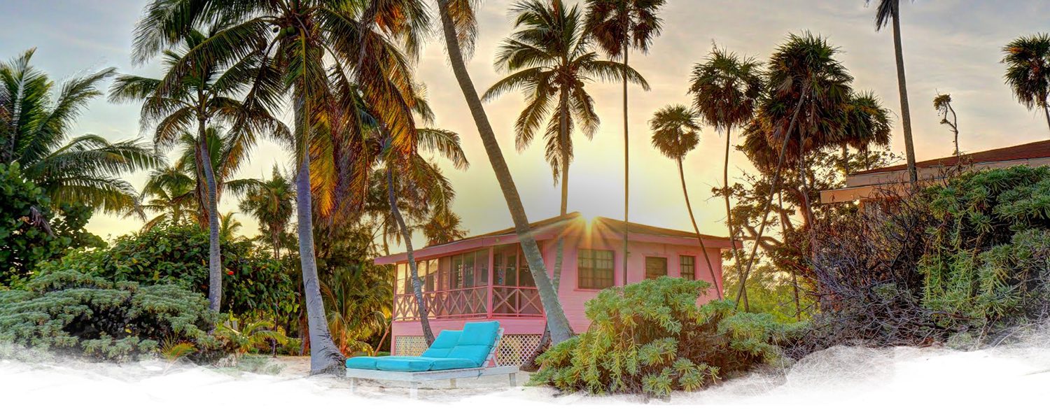 a pink cabana surrounded by greenery and palm trees with the sun glistening behind it