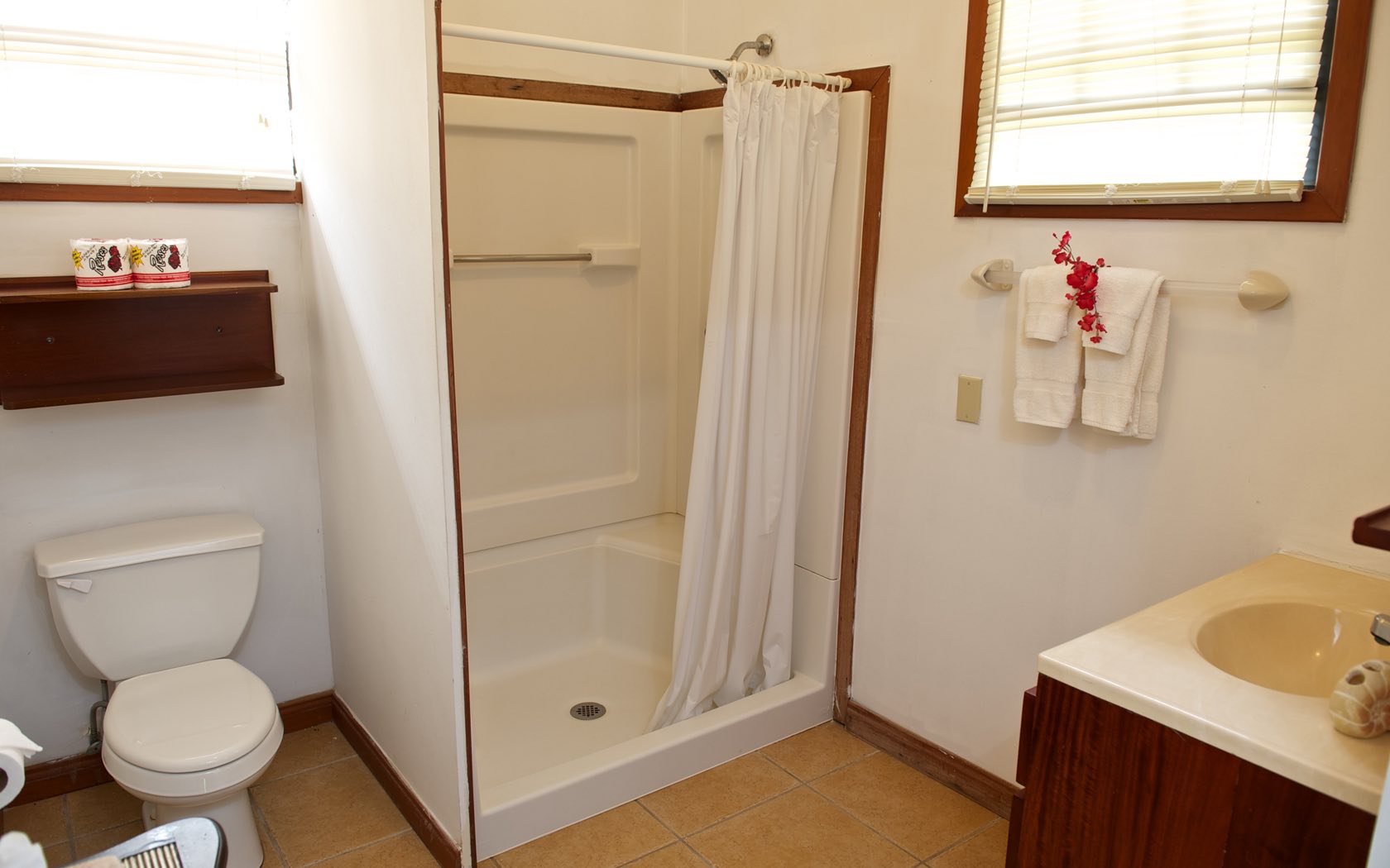 deluxe room bathroom with a shower, sink, and toilet