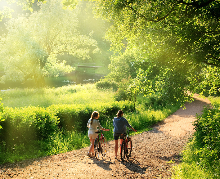 Far view of two people riding bikes