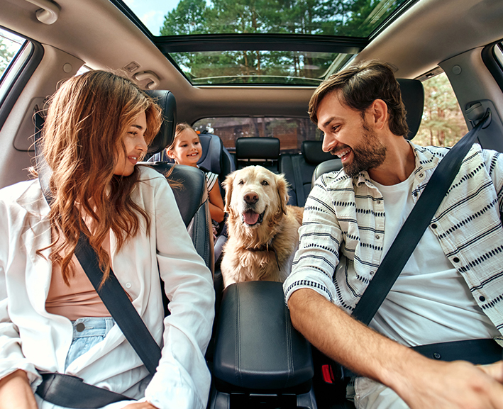 A happy young family inside a car