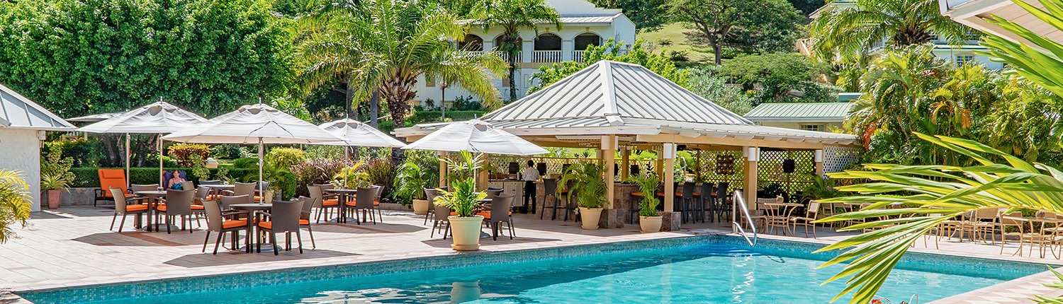 pool area with patio seating, umbrellas, and a covered outdoor bar