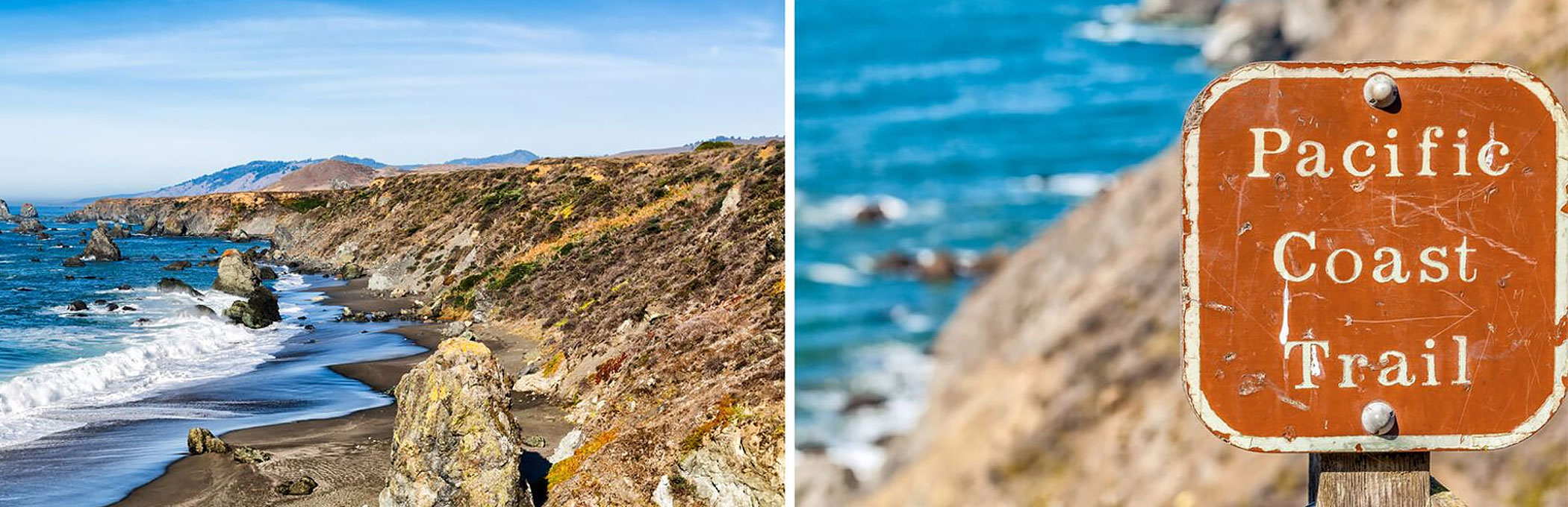 Split image with waves crashing on rocky shore & brown sign that reads pacific coast trail