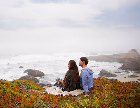 Couple sitting on grass on a blanket drinking wine at bodega head