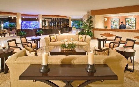 seating area in lobby with couches and coffee tables