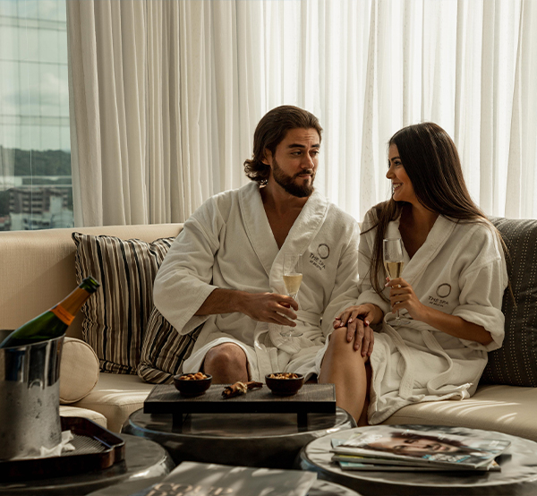 Couple in robes enjoying time together