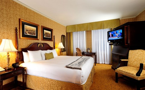 interior view of the Club Classic room at our downtown louisville hotel. Single bed, golden accents floor & wall, & paintings 