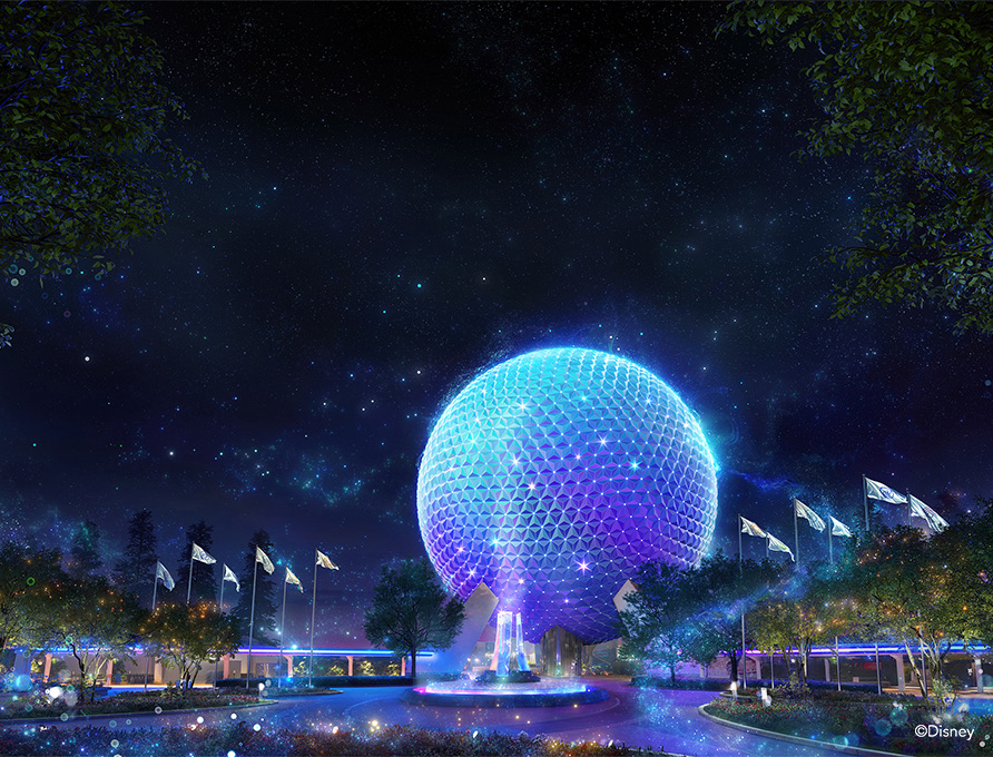 View of the Epcot ball lit up at night