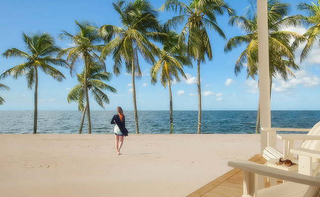 Woman walking toward ocean & palm trees Image