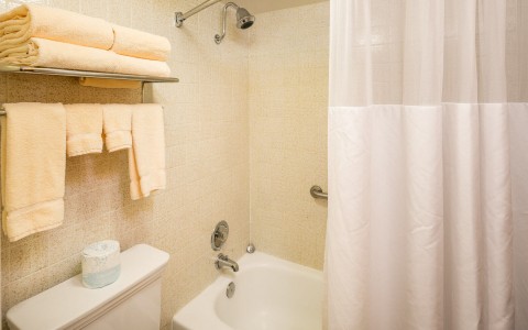 Bathroom with a tub and shower, toilet, and a towel rack under a shelf of towels 