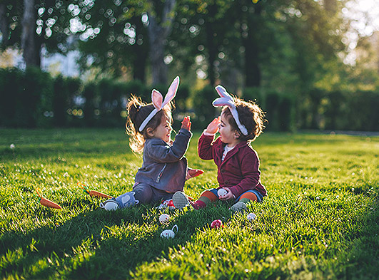 Two toddlers sitting in a field wearing bunny ears