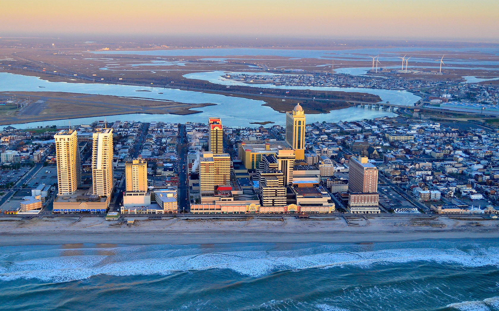 Aerial view of Atlantic city at dawn.