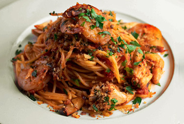 View of a gourmet dish with shrimp