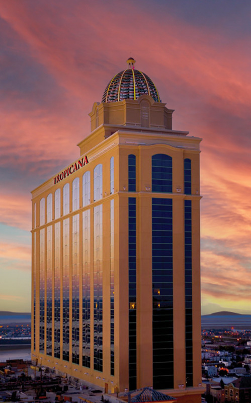 The Tropicana building at sunset.
