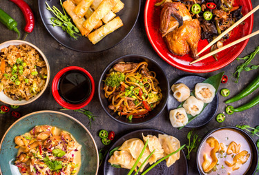 Aerial view of asian inspired foods.