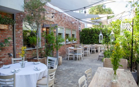 corner view of a stylish outdoor restaurant with some plants around the place at daytime