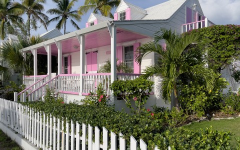 A beautiful pink house surrounded by plants