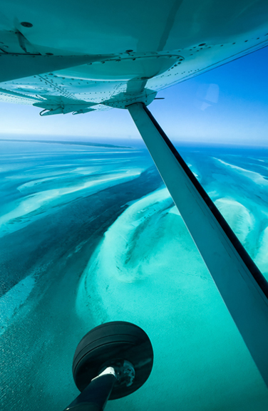 view of the bottom of a small airplane with the ocean 