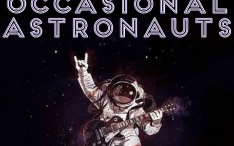 event poster, occasional astronauts, has a man in an astronaut suit holding a guitar and lifting his hand up with a rock and roll sign