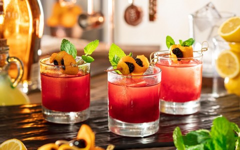 red cocktails with mint, orange peels and blackberry garnishes