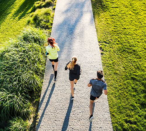 3 people running on concrete path surrounded by grass