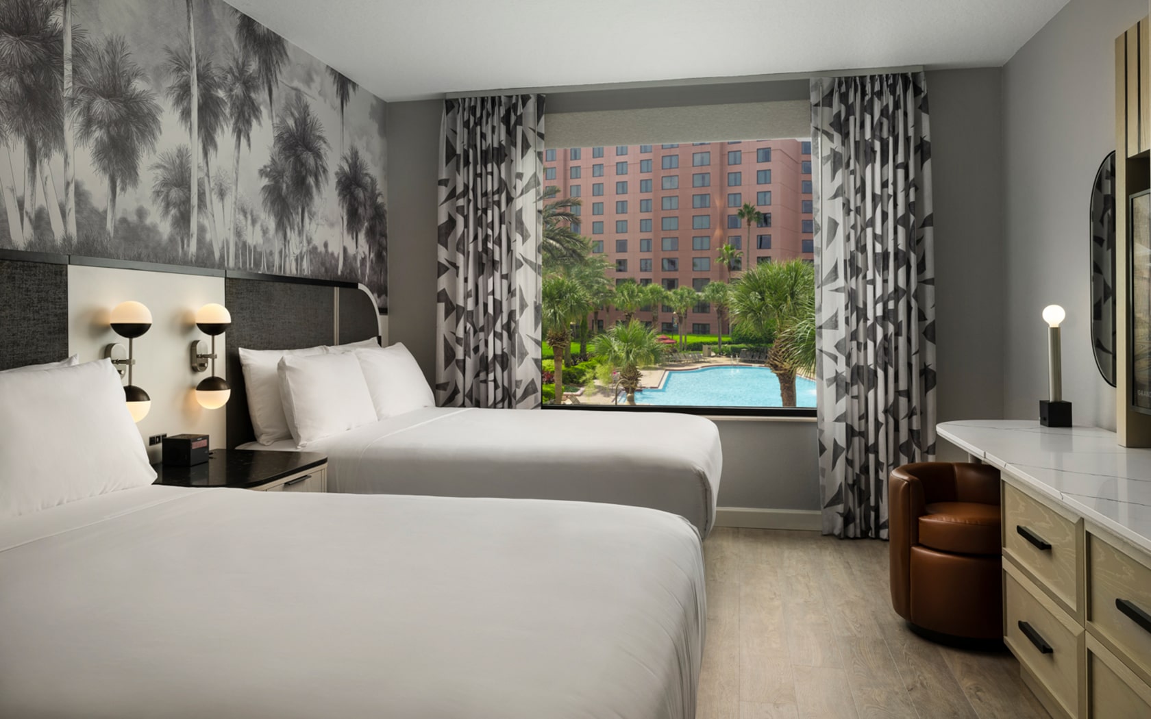 double beds with a view of the pool