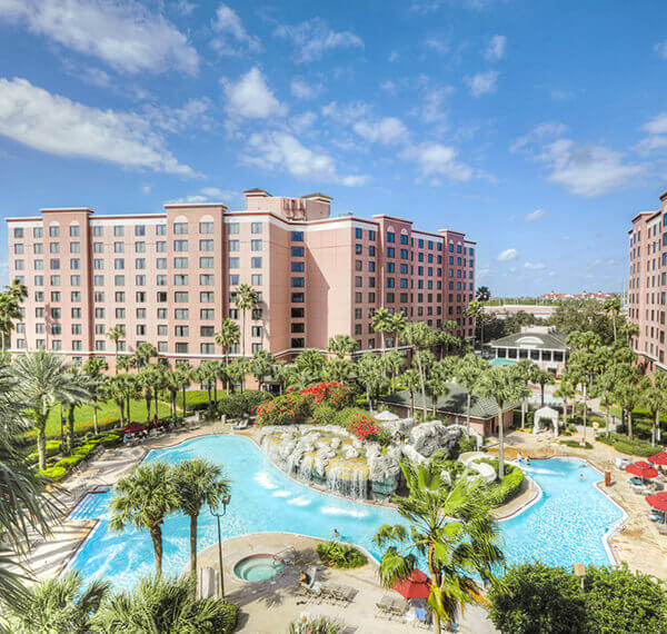aerial view of caribe royale and the pool with palm trees during the day