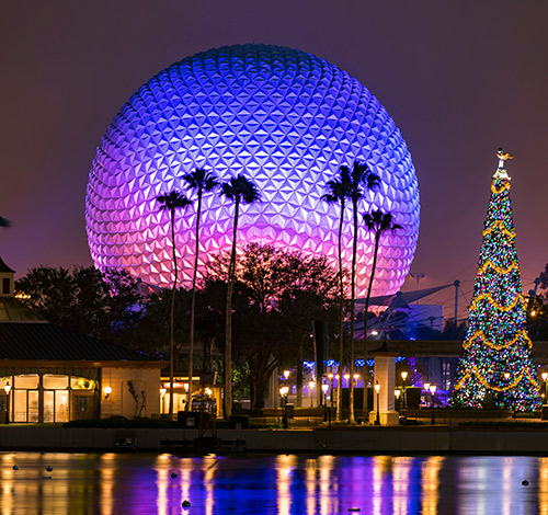 Disney Epcot spaceship earth at night at christmas night