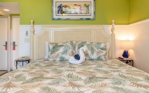 King bed with coastal bedspread