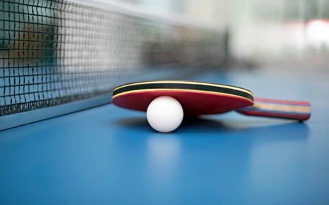 View of a table-tennis paddle and a ball