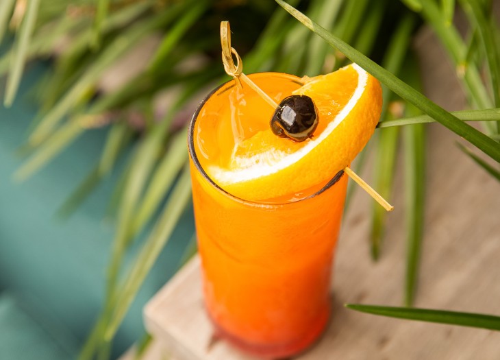 orange cocktail with a fresh orange