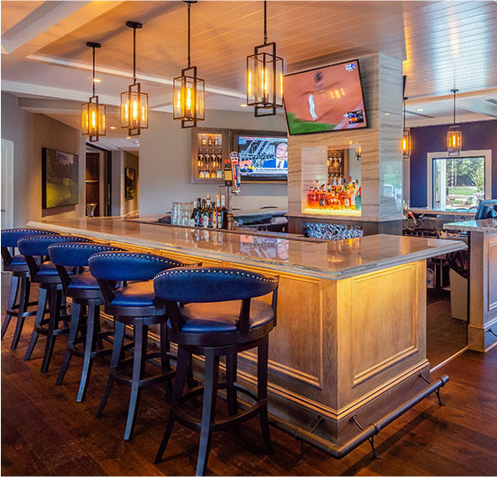 bar with blue fabric chairs