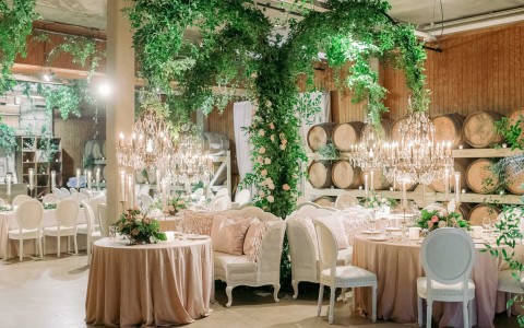 wedding venue with multiple lights and plants