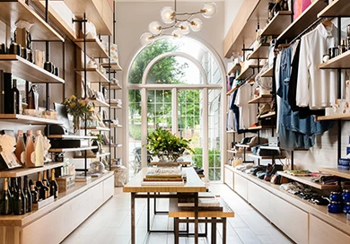 boutique with natural lighting and open shelving to display products like clothes and shoes