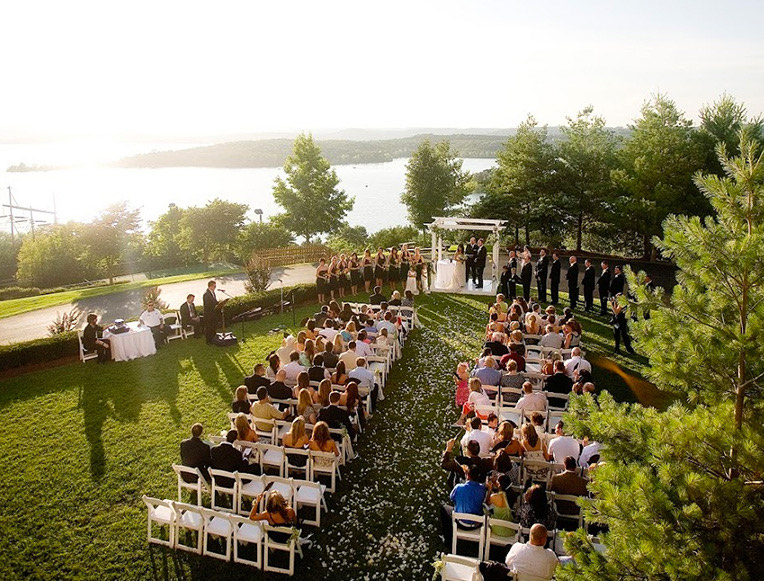aerial view of an outdoor wedding ceremony