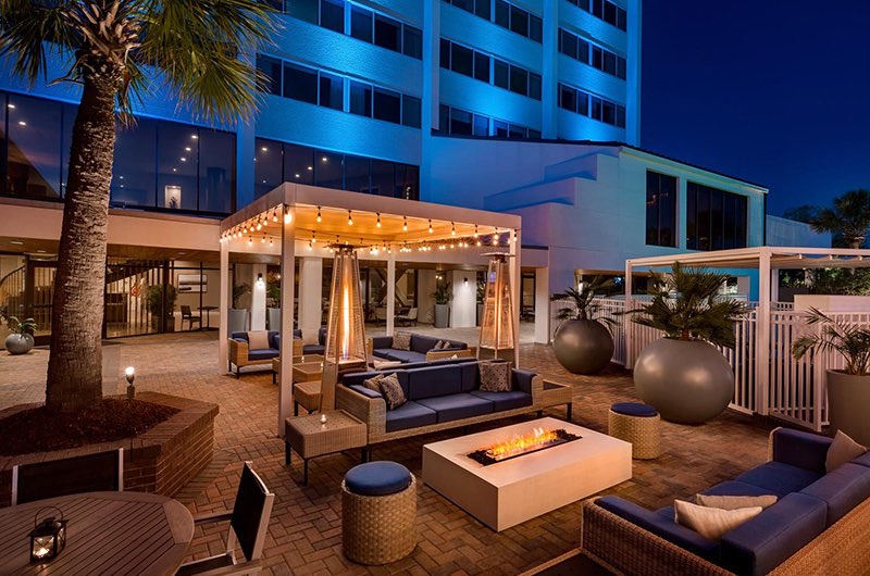 the patio in a hotel at night