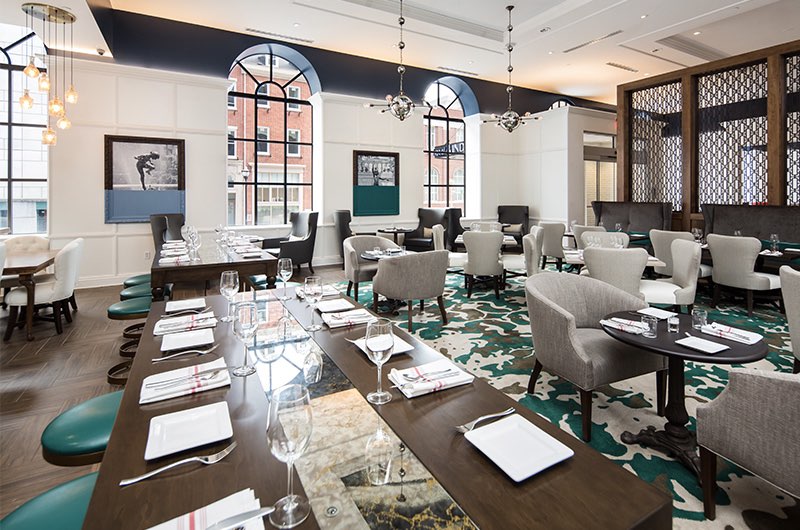 the dining room inside of a hotel