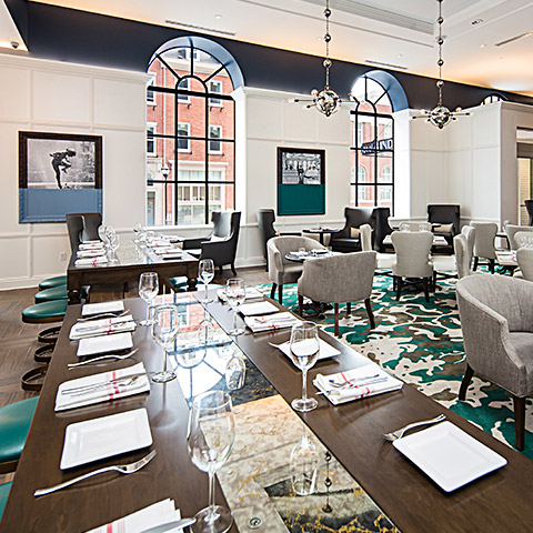 the dining room inside of a hotel