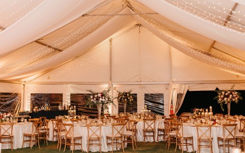 View of a wedding setting under a tent