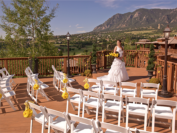 View of the grand river terrace venue with a bride waiting 