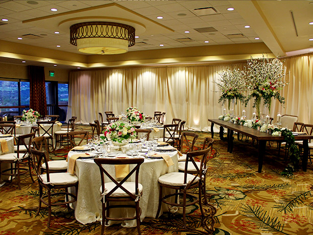 Internal view of a wedding venue with elegant tables