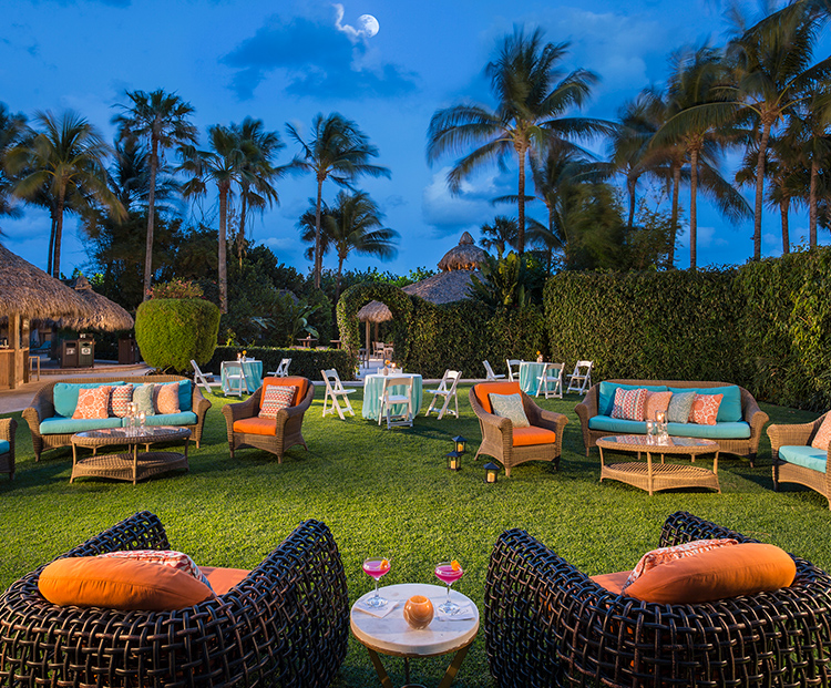 the palms hotel courtyard of colorful patio furniture